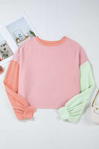 Multicolour Corded Colorblock Patchwork Drop Shoulder Long Sleeve Top