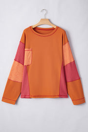 Orange Textured Knit Color Block Patchwork Chest Pocket Plus Size Top