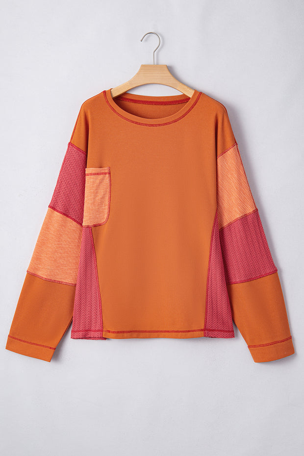 Orange Textured Knit Color Block Patchwork Chest Pocket Plus Size Top