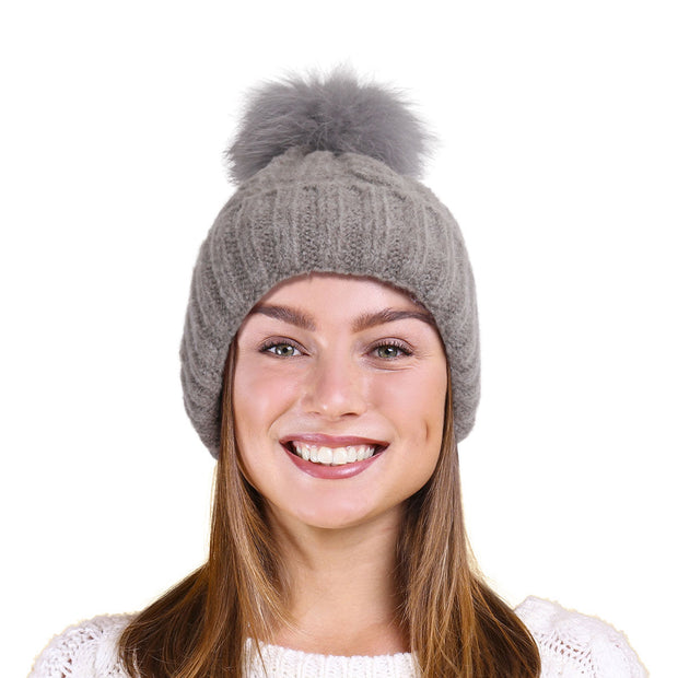 Gray Fox Fur Pom Beanie