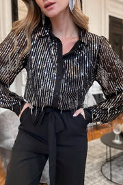 Black Sequin Tasseled Button Up Slim Fit Shirt