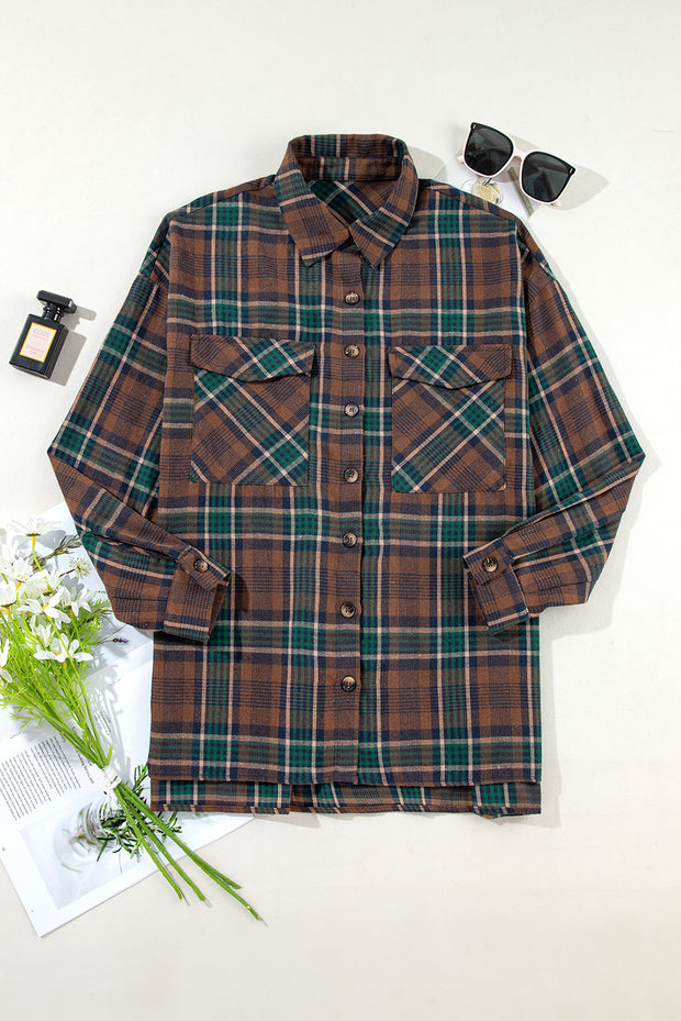 Brown Plaid Print Chest Pockets Buttoned Shirt Jacket