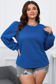 Dark Blue Cable Pattern Puff Sleeve Plus Size Top