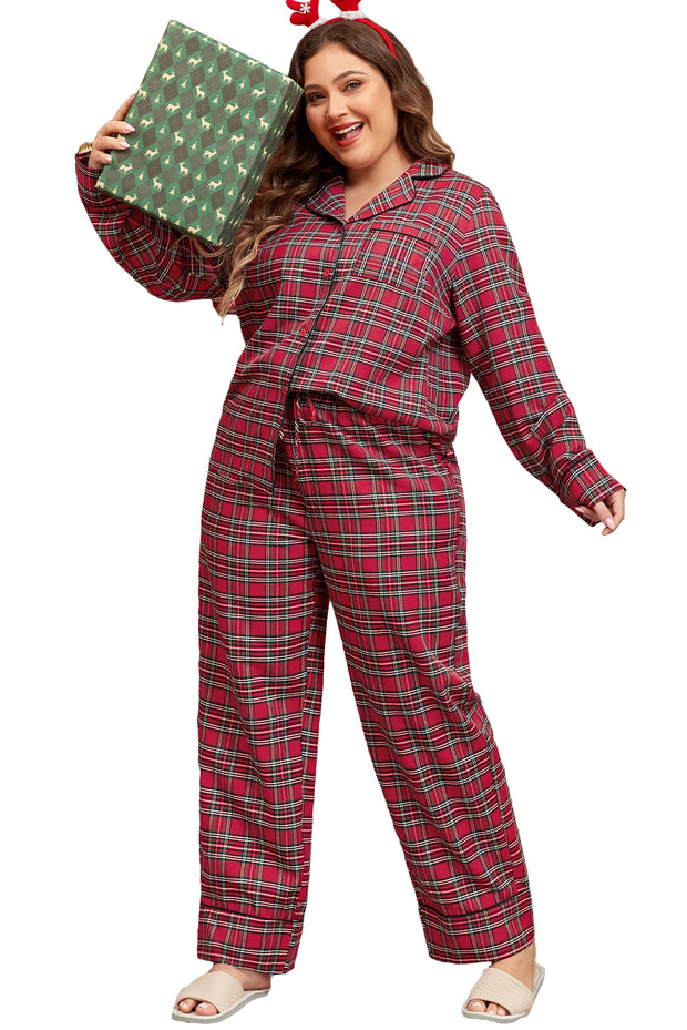 Red Plaid Printed Shirt and Pants Plus Size Lounge Set