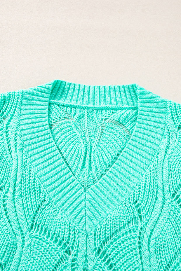 Mint Green Hollow Out Knit V Neck Drop Shoulder Sweater