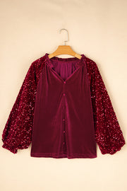 Red Dahlia Sequin Patchwork Sleeve Button Up Velvet Top