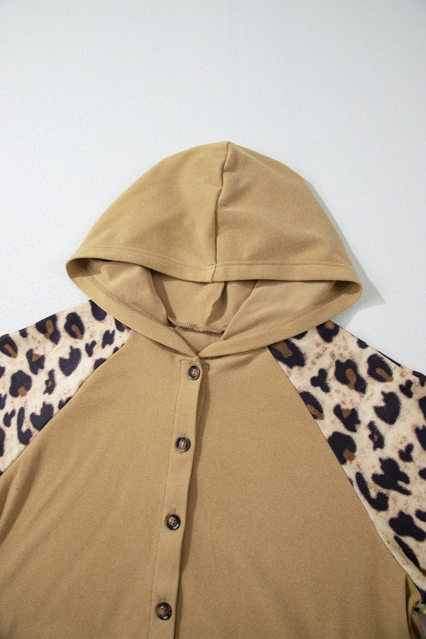 Light French Beige Leopard Print Patchwork Raglan Sleeve Half Buttons Hoodie