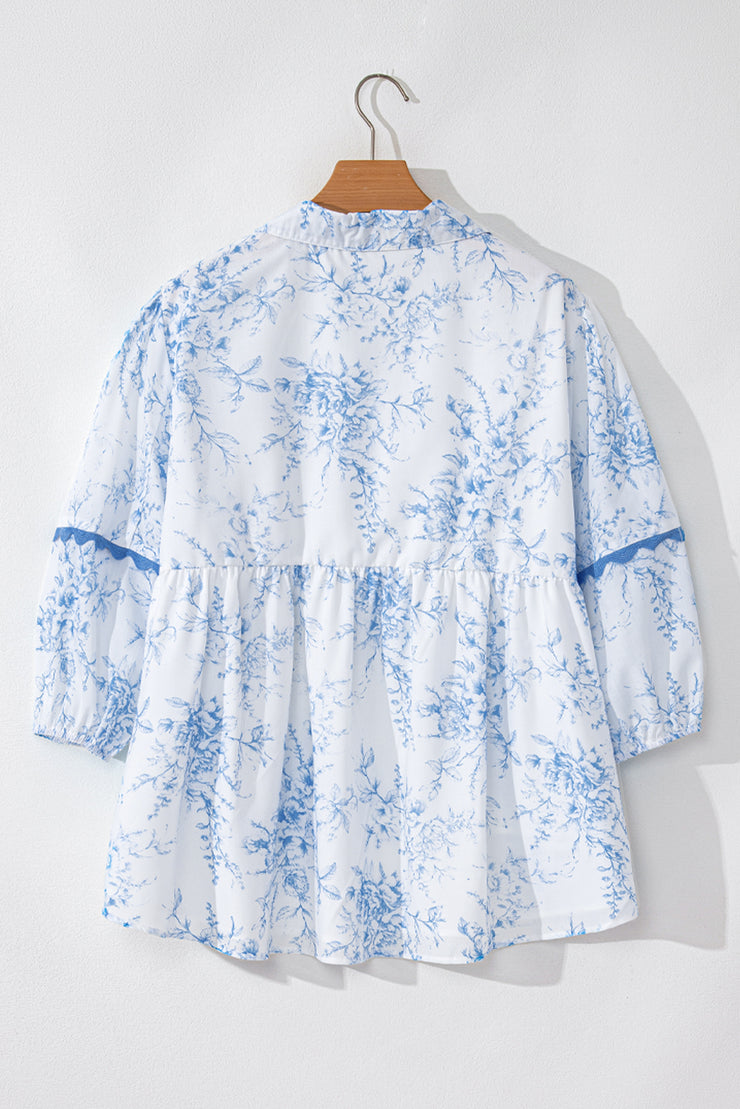 Sky Blue Floral 3/4 Sleeve Tied Collar Blouse