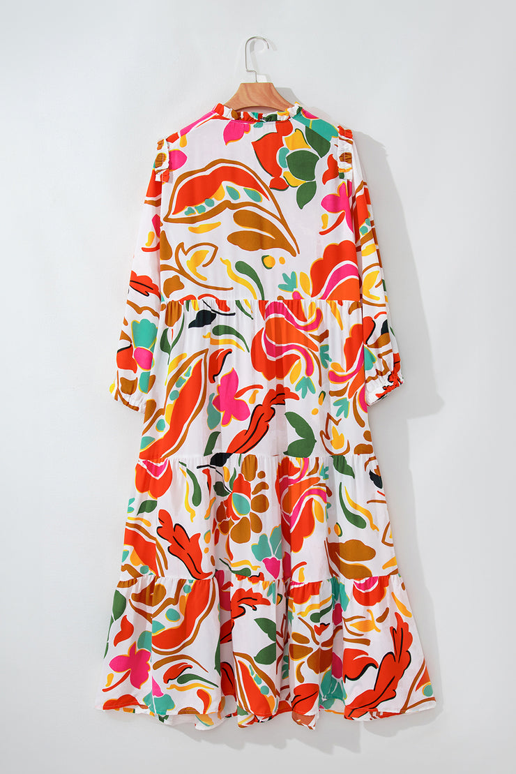 Orange Floral Print Drawstring V Neck Tiered Plus Size Dress