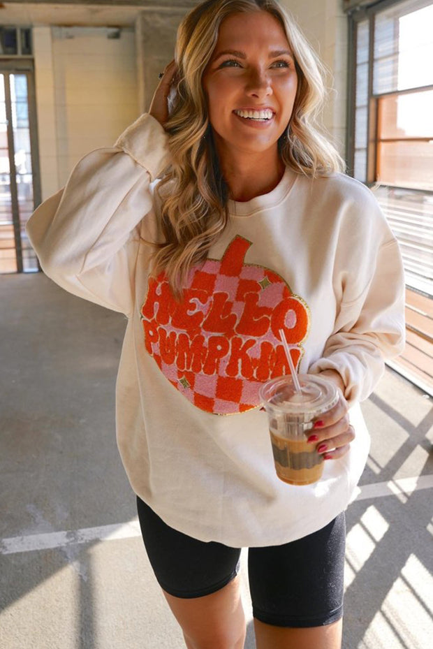 White Terry Halloween Pumpkin Patched Pattern Pullover Sweatshirt