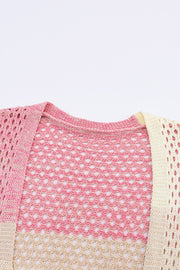 Pink Ribbed Short Sleeve Ombre Eyelet Knitted Cardigan