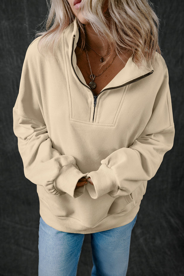 Smoke Gray Zip-up Stand Neck Kangaroo Pocket Sweatshirt