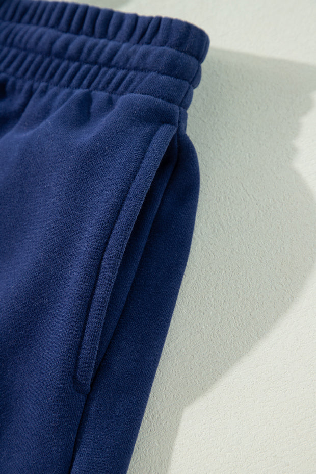 Navy Blue Solid Color Fleece Lined Drawstring Waist Joggers