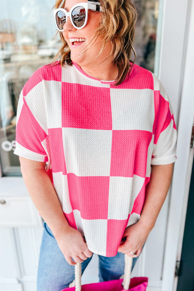 White Textured Checkerboard Round Neck Plus Size T Shirt