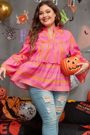 Vitality Orange Plus Size Geometric Printed Bell Sleeve Babydoll Blouse