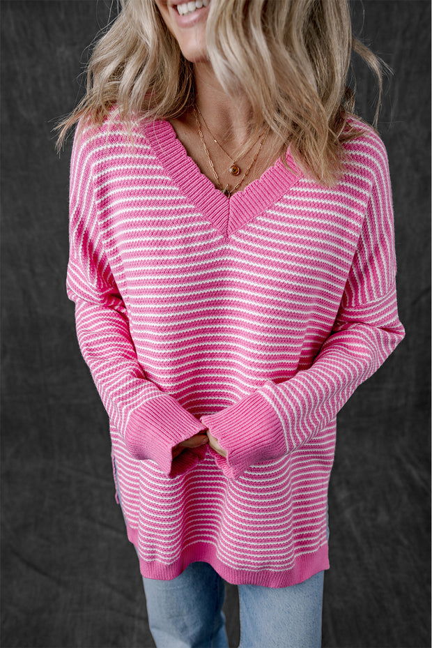 Pink Striped Scallop V Neck Loose Sweater with Slits