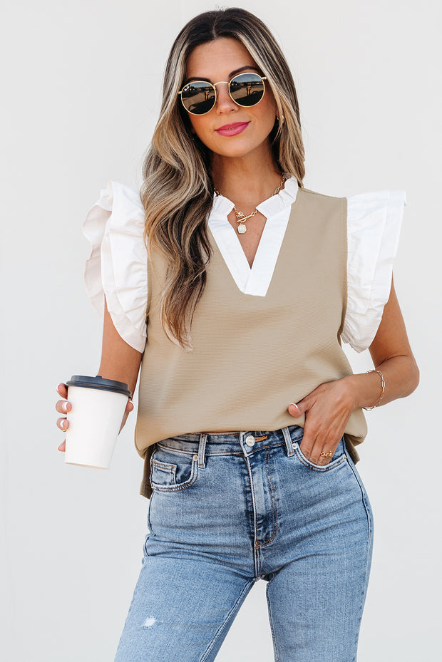 Pale Khaki Contrast V Neck Ruffled Textured Knit Top