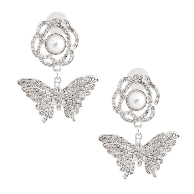 Silver Rose Butterfly Rhinestone Earrings