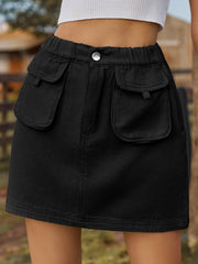 Pocketed Elastic Waist Denim Skirt