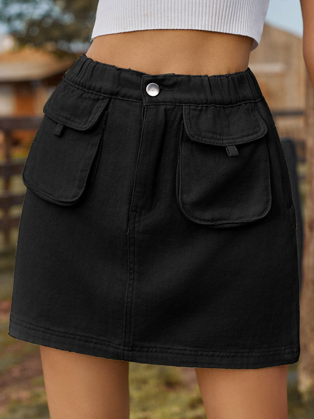 Pocketed Elastic Waist Denim Skirt