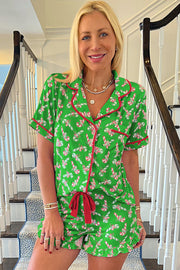 Green Christmas Candy Cane Print Pocketed Knotted Pajama Set