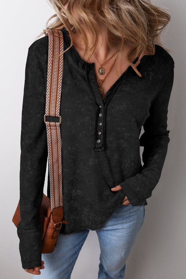 Black Acid Wash Waffle Knit Buttoned Neckline Long Sleeve Top