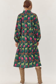 Green Horse Printed Long Sleeve Collared Buttoned Plus Size Midi Dress