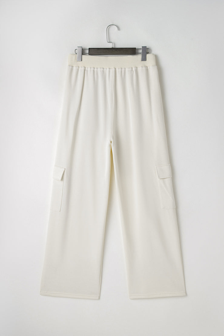 Beige Plain Cargo Pockets High Waist Casual Sweatpants