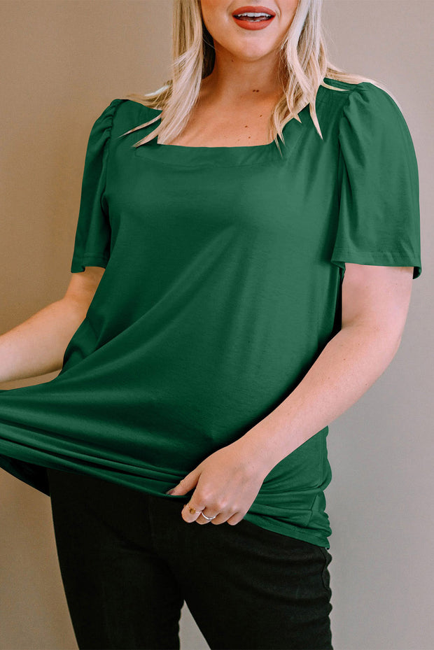 Green Plus Size Square Neck Ruched Shoulder Short Sleeve Top