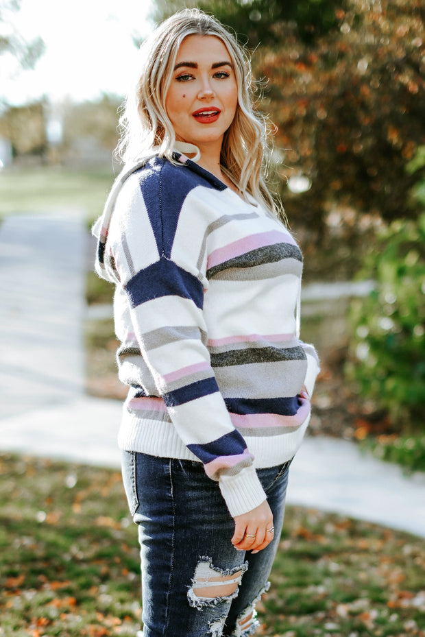 Stripe Plus Size Striped Hooded Knit Sweater