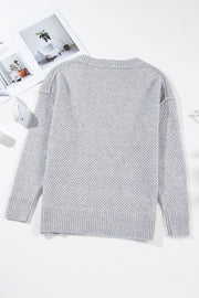 Light Grey Loose Eyelet V Neck Drop Shoulder Sweater