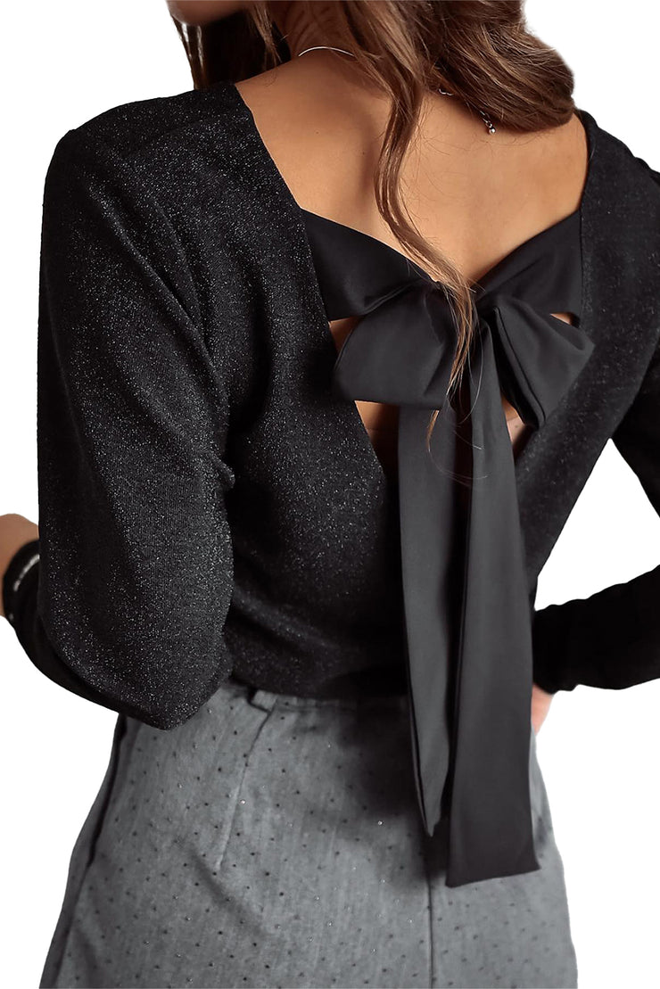 Black Metallic Bowknot Open Back V Neck Top