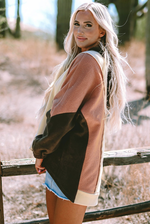 Beige Oversized Color Block Patchwork High Low Hoodie