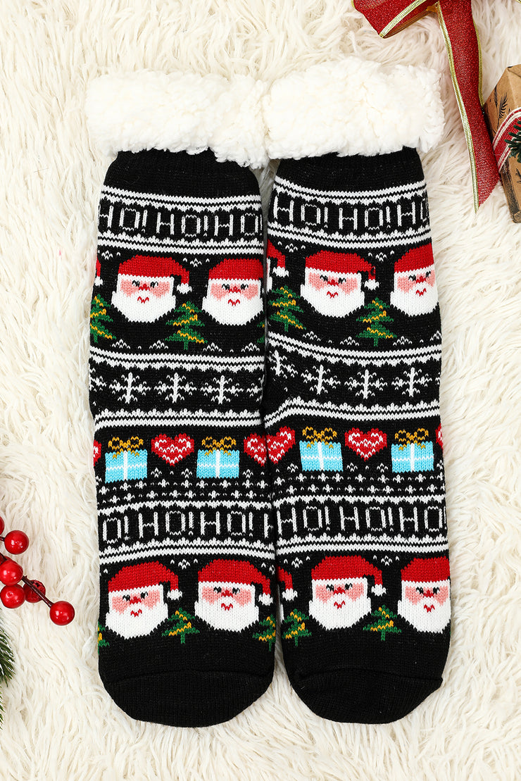 Black Cartoon Santa Claus Christmas Fleece Socks