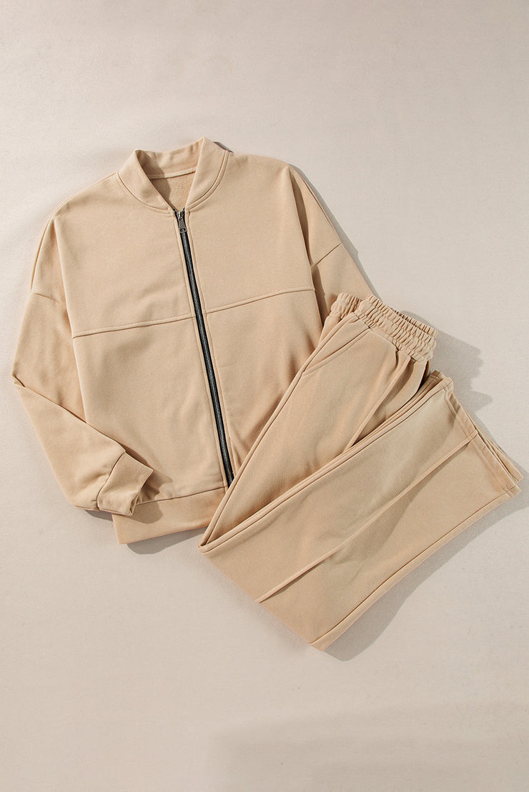 Apricot Solid Seamed Zipper Jacket and Drawstring Waist Pants Set