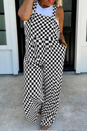 Black Checkered Print Pocketed Wide Leg Jumpsuit