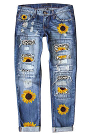 Blue Sunflower Print Ripped Mid Rise Straight Leg Graphic Jeans