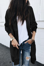 Black Plaid Knitted Long Open Front Cardigan