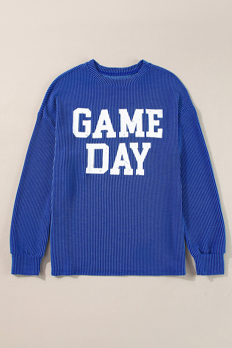 Bluing Corded GAME DAY Graphic Long Sleeve Crewneck Top