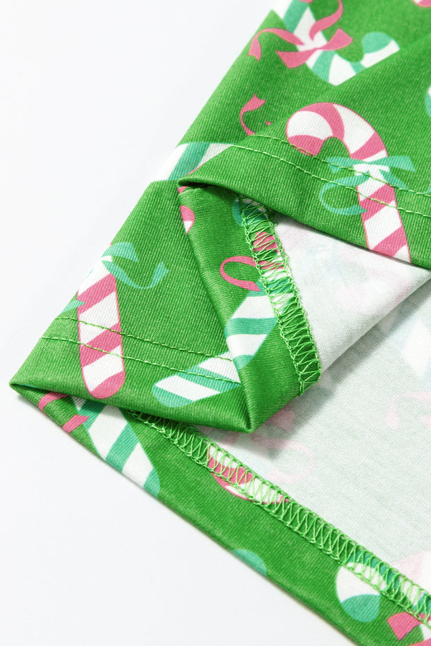 Green Christmas Candy Cane Print Pocketed Knotted Pajama Set