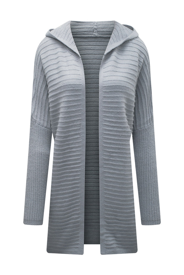 Gray Horizontal Rib Knitted Open Front Hooded Cardigan