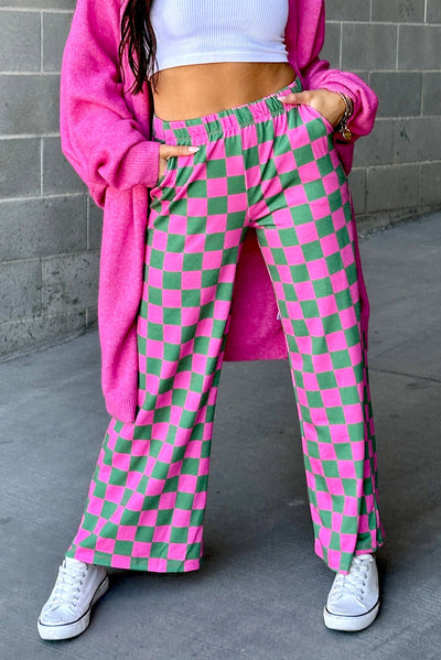 Green 2-Tone Checked Print High Waist Wide Leg Pants