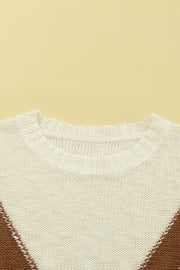 Beige Chevron Striped Drop Shoulder Sweater