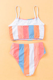 Orange Vertical Striped High Waist Bikini Swimsuit