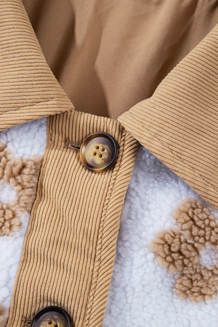 Light French Beige Cute Flower Pattern Button Up Fleece Jacket