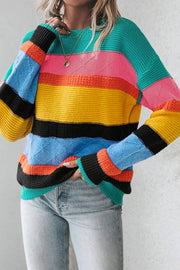 Yellow Colorblock Mixed Textured Drop Shoulder Sweater