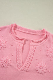 Peach Blossom Flower Detail Knitted Notched Neck Sweater