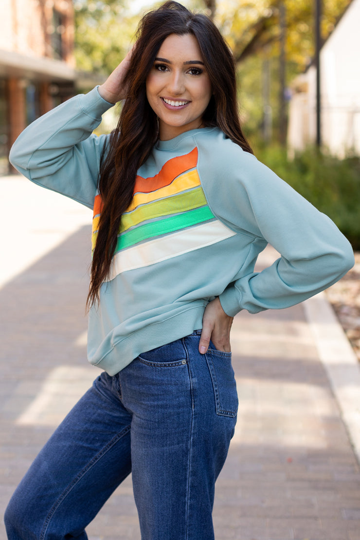 Beau Blue Rainbow Colorblock Striped Pullover Sweatshirt