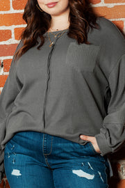 Dark Grey Plus Size Exposed Seam Crinkle Patchwork Top