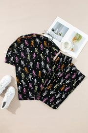 Black Halloween Pattern Short Sleeve Shirt Pajama Set